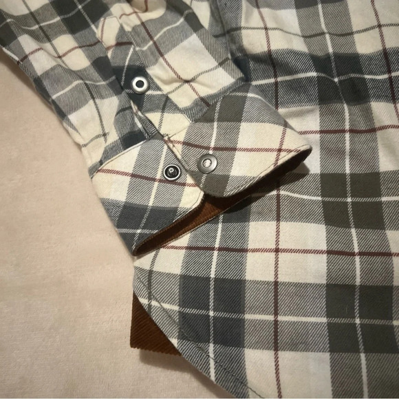 Kuhl Plaid Grey White Brown Full Snap Corduroy Collar Flannel Shirt S - Picture 4 of 8